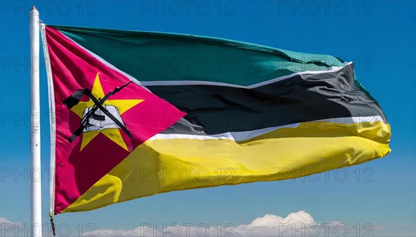 The flag of Mozambique, fluttering in the wind, isolated, against the blue sky