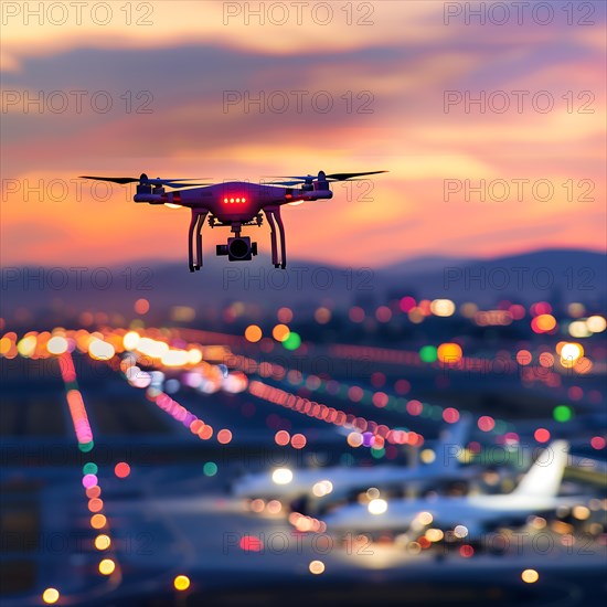 A drone with red lighting flies over an illuminated airport at night, drone, attack, AI generated