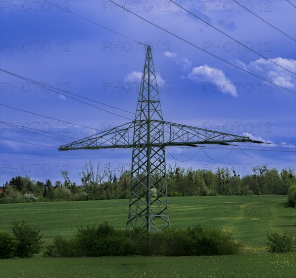 Electricity pylon with high-voltage lines near the Avacon substation Helmstedt, Helmstedt, Lower Saxony, Germany, Europe