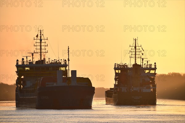 Shipping traffic, cargo ship at sunrise in the Kiel Canal, Kiel Canal, Schleswig-Holstein, Germany, Europe