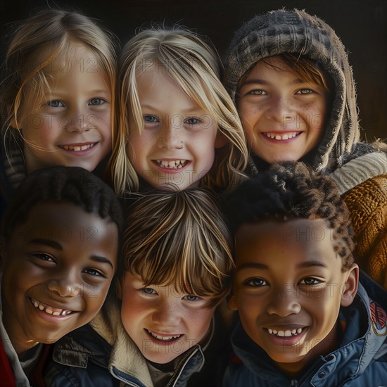 A group of smiling children of different ethnicities close together, group picture with smiling children of different nationalities and cultures, KI generated, AI generated