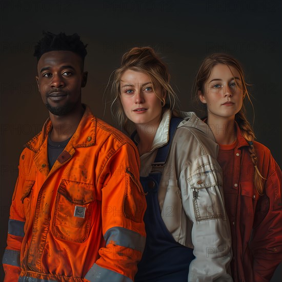 Three young people in conspicuous security clothing look serious and trusting, group picture with people in work clothes of different nationalities and cultures, KI generated, AI generated