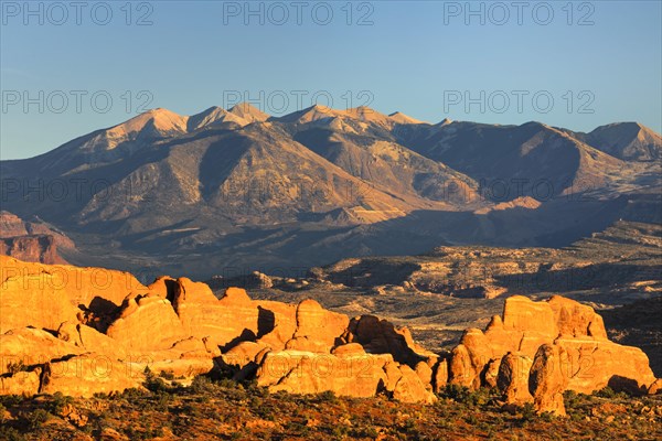 View over the Sand Arches to the La Sal Mountains, Arches National Park, Utah, USA, Arches National Park, Utah, USA, North America