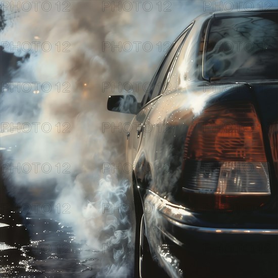 The image shows the reflection on a car with a smoking exhaust system, smoke development in and on a car, AI generated