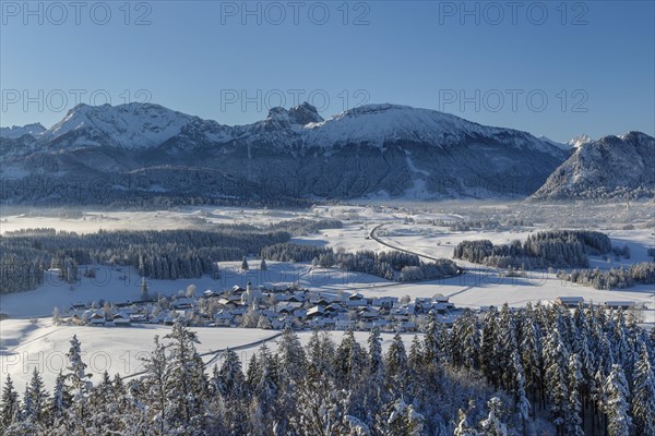 View from the Eisenberg castle ruins over Zell to the Tannheim mountains, Allgaeu, Swabia, Bavaria, Germany, Pfronten, Bavaria, Germany, Europe
