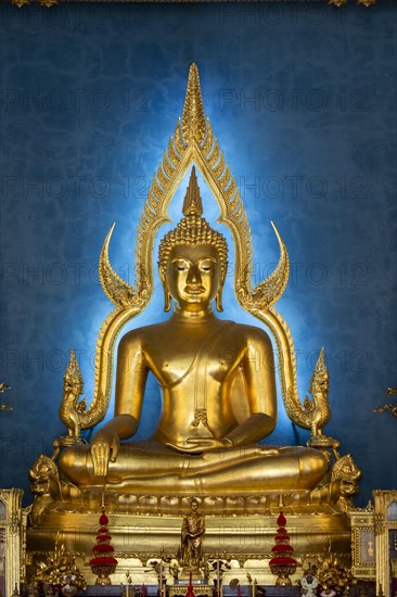 Golden Buddha statue, Bhumispara-mudra, Buddha Gautama at the moment of enlightenment, in the marble temple, Wat Benchamabophit, Bangkok, Thailand, Asia