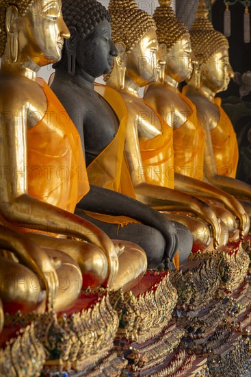 Gilded Buddha statues (Bhumispara-mudra: Buddha Gautama at the moment of enlightenment), Wat Pho, Bangkok, Thailand, Asia