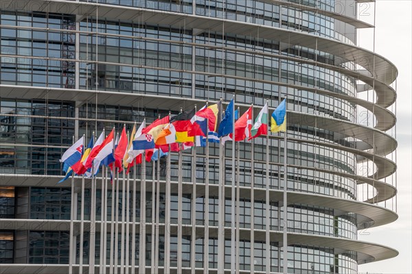 Flags of the European countries in front of the European Parliament in Strasbourg. Bas rhin, Alsace, Grand Est, France, Europe