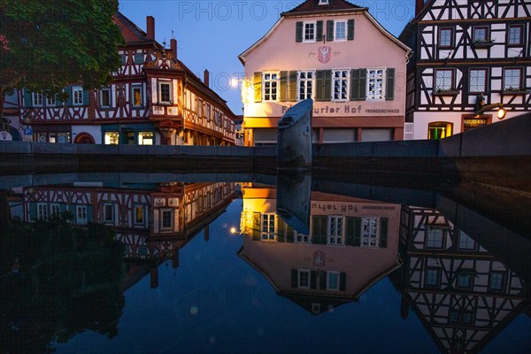 View of an old town, half-timbered houses and streets in a town. Seligenstadt am Main, Hesse Germany