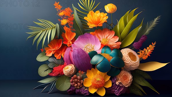 3d illustration of a bouquet of flowers on a dark background, AI generated