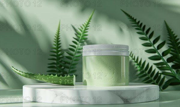 Aloe vera gel product promotion featuring a blank jar mockup showcased on a marble produce podium AI generated