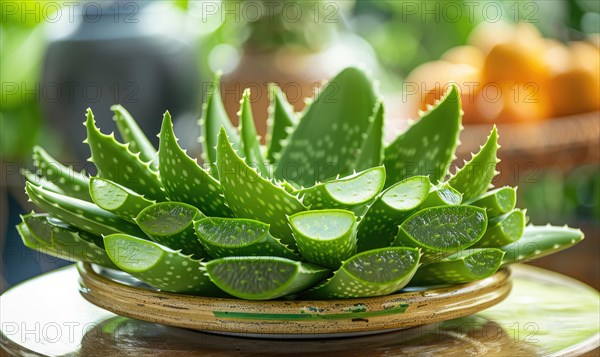 Aloe vera leaves in a pot, closeup view AI generated