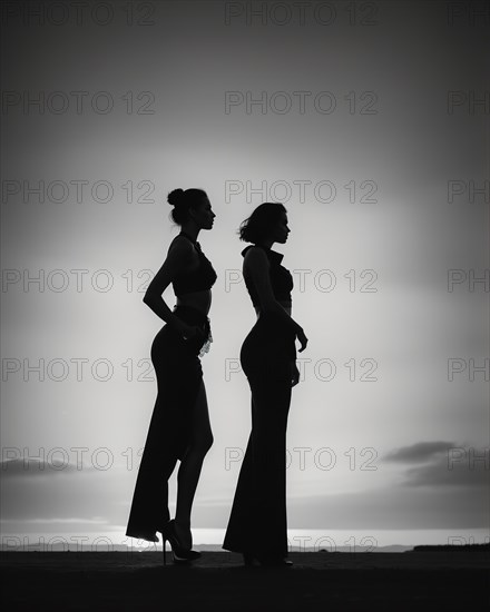 Silhouette of three women in black and white dresses, studio shot. ai generative, AI generated