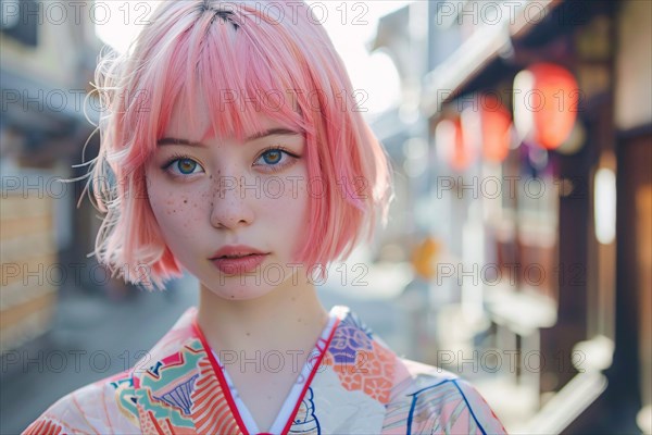 Beautiful young woman with pink hair and kimono in city street. KI generiert, generiert, AI generated