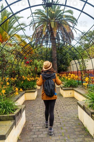 A woman walking through a beautiful botanical garden, a sustainable tourism concept in Arucas, Gran Canaria. Spain