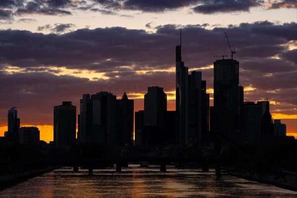 Clouds pass over the Frankfurt bank skyline in the evening after sunset, Frankfurt am Main, Hesse, Germany, Europe