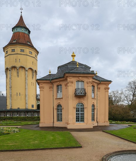 Historic water tower and Pagodenburg Castle, Murgpark, former residence of the Margraves of Baden-Baden, Rastatt, Baden-Wuerttemberg, Germany, Europe