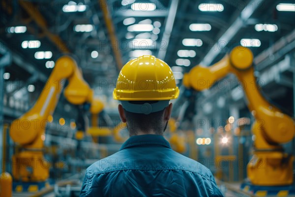 Back view of worker with safety helmet in factory. KI generiert, generiert, AI generated