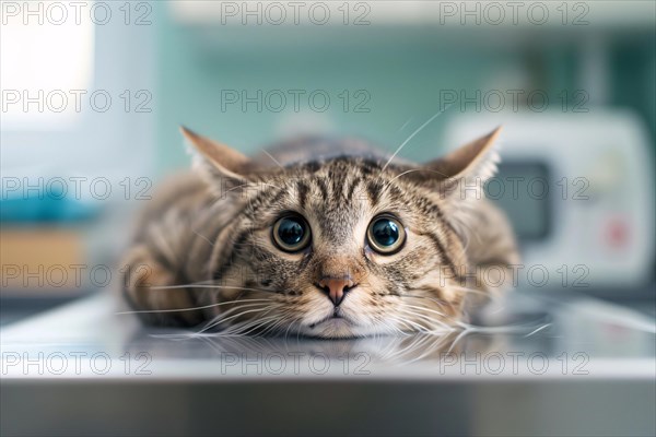 Scared cat on examination table in vet clinic. KI generiert, generiert, AI generated