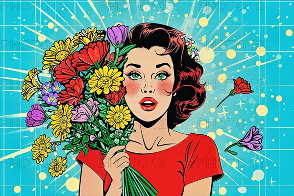 Smiling woman in pop art style holding a bouquet of flowers, surrounded by butterflies on a turquoise background, AI generated, AI generated