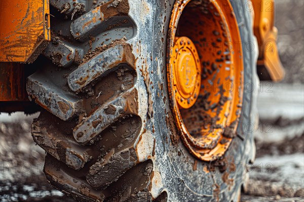 Close up of muddy wheel of construction site vehicle. KI generiert, generiert, AI generated