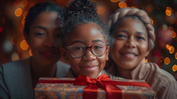 Young girl with glasses happily holding a big gift, with twinkling lights in the background, AI generated