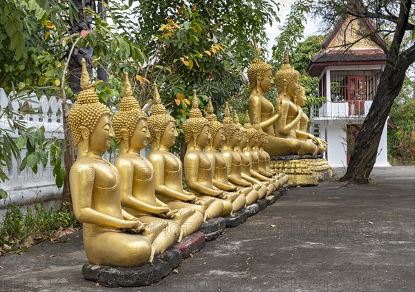 Row of golden Buddha images, Wat That Luang temple, Luang Prabang, Laos, Asia