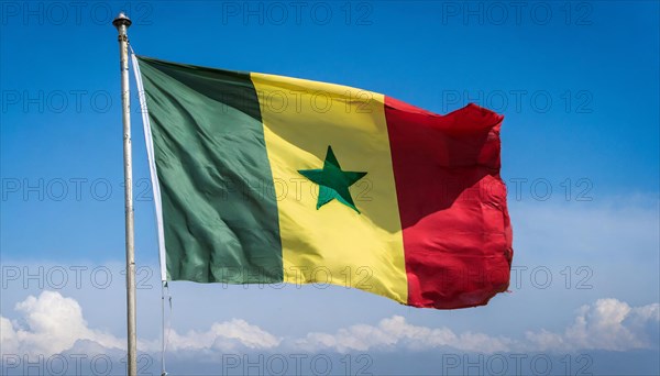 The flag of Senegal, fluttering in the wind, isolated, against the blue sky