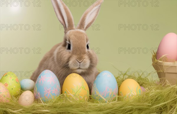 Easter bunny with decorated eggs. Generative AI image, AI generated