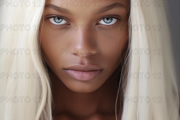 Beautiful black african american woman with dark skin, white blond hair and blue eyes. KI generiert, generiert, AI generated