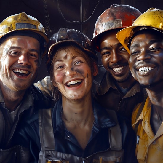 A team of construction workers shows a happy community on the building site, group picture with international employees and colleagues, KI generated, AI generated