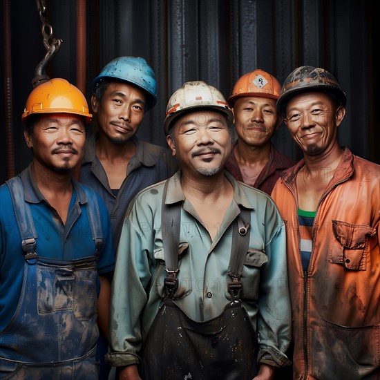 Five construction workers with helmets pose together in front of a dark wall, group picture with international employees and colleagues, AI generated