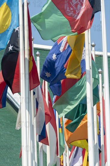 Many flags in front of the United Nations Conference Centre, Bangkok, Thailand, Asia