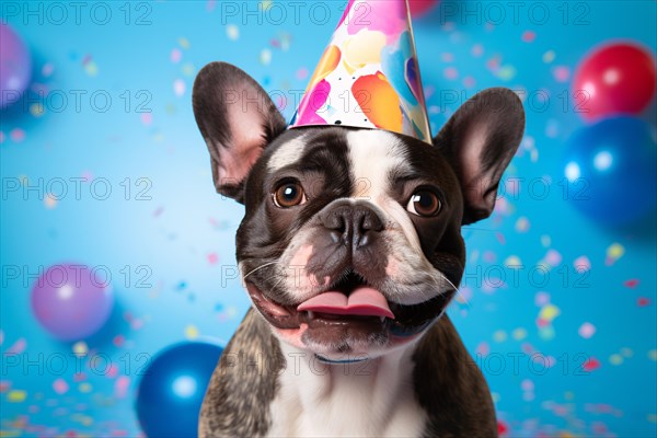 French Bulldog with birthday party hat on blue bakcground. KI generiert, generiert, AI generated