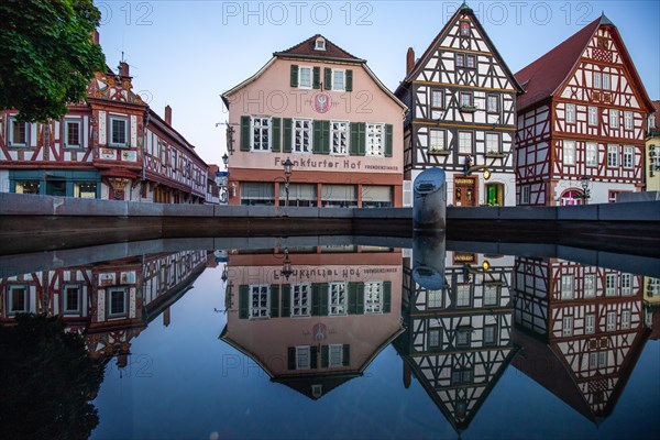 View of an old town, half-timbered houses and streets in a town. Seligenstadt am Main, Hesse Germany