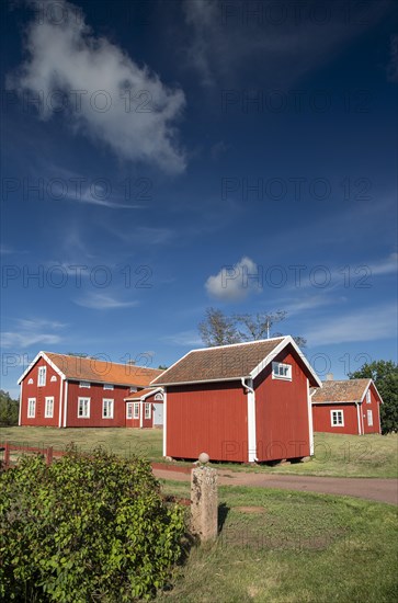 Falun red or Swedish red painted houses, farm, Geta, Aland, or Aland Islands, Gulf of Bothnia, Baltic Sea, Finland, Europe