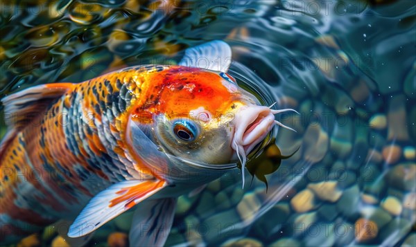 Close-up of colorful koi fish swimming in the clear waters of a spring lake AI generated