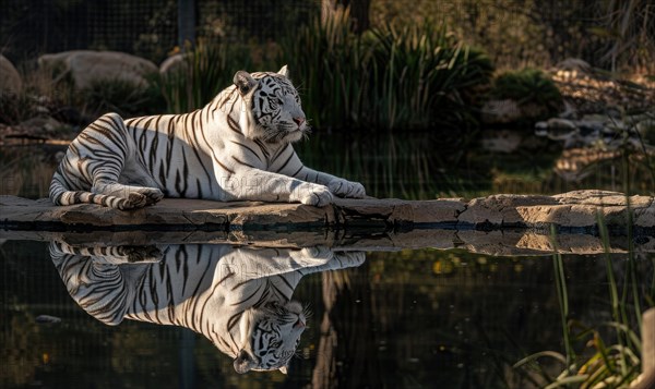 A white tiger lounging gracefully by a tranquil pond AI generated