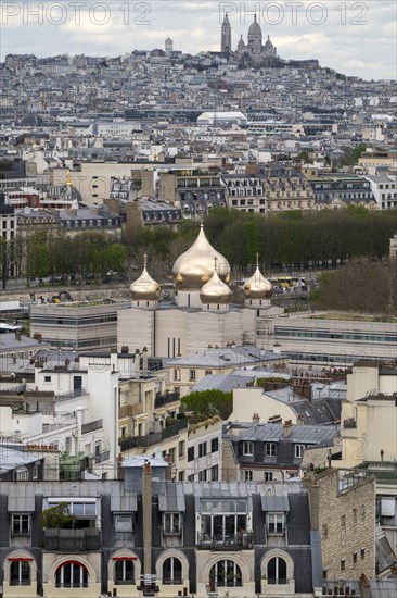 View from the Eiffel Tower to the Russian Orthodox Cathedral and Sacre-Coeur de Montmartre, Paris, Ile-de-France, France, Europe