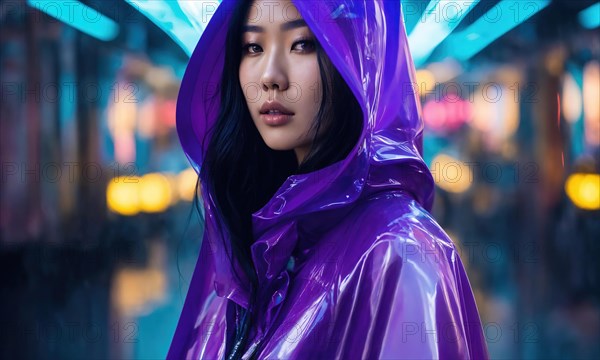 Beautiful asian woman in purple raincoat walking in the city. ai generative, AI generated