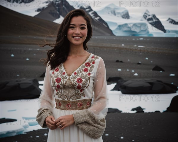 Portrait of a young woman smiling at camera in front of icebergs. ai generative, AI generated