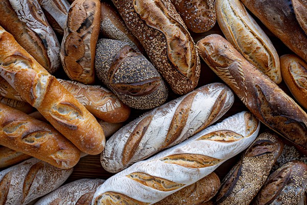 Top view of many different types of bread. KI generiert, generiert, AI generated