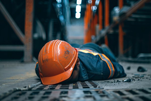 Worker with safety helmet lying on warehouse floor after accident. KI generiert, generiert, AI generated