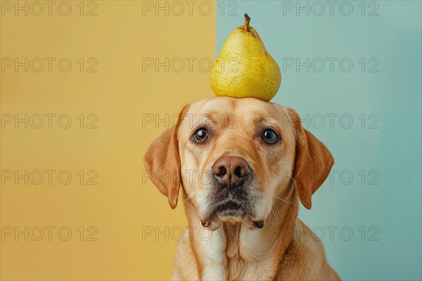 Funny dog with pear fruit on head in front of studio background. KI generiert, generiert, AI generated