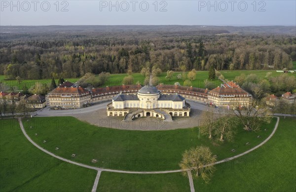 Aerial view of the rococo-style hunting and pleasure palace Schloss Solitude, built by Duke Carl Eugen von Wuerttemberg, Stuttgart, Baden-Wuerttemberg, Germany, Europe