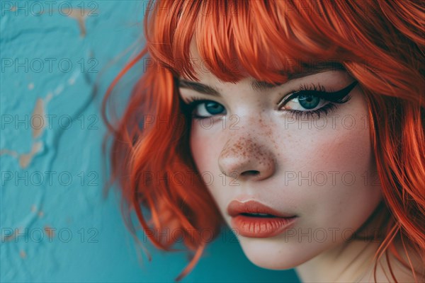 Portrait of young attractive woman with red hair with bob hairstyle with bangs and black eye makeup. KI generiert, generiert, AI generated
