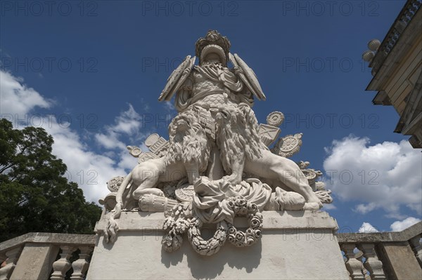 Ancient symbols such as armour, shields, insignia and lions, in front of the staircase to the Gloriette, built in 1775, Schoenbrunn Palace Park, Schoenbrunn, Vienna, Austria, Europe