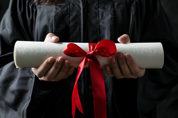 Degree paper certificate roll with red ribbon held by young woman in graduation robe. KI generiert, generiert, AI generated