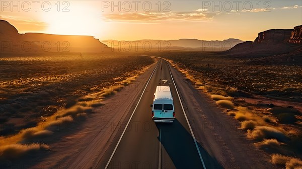 AI generated drone view of the essence of van life in a beautyfull desert landscape