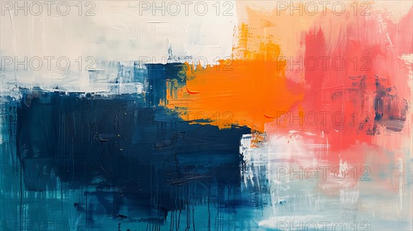 Minimalistic abstract painting with broad strokes of blue, orange, and red, ai generated, AI generated